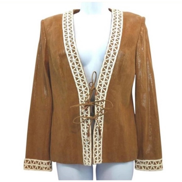 ST JOHN COUTURE Coated Lamb Leather Triple Tie Jacket Size 12 Like New - Picture 1 of 7